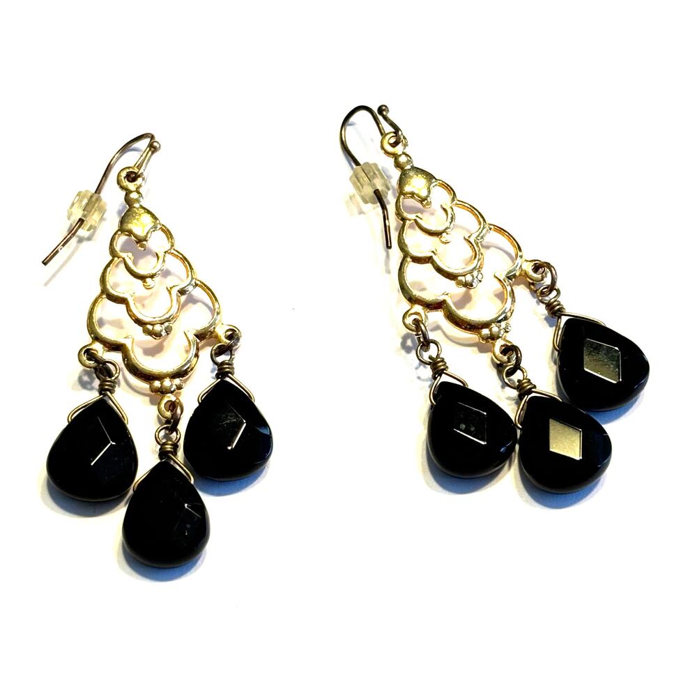 Pierced earrings gold filigree & black faceted beads drop & dangle style elegant